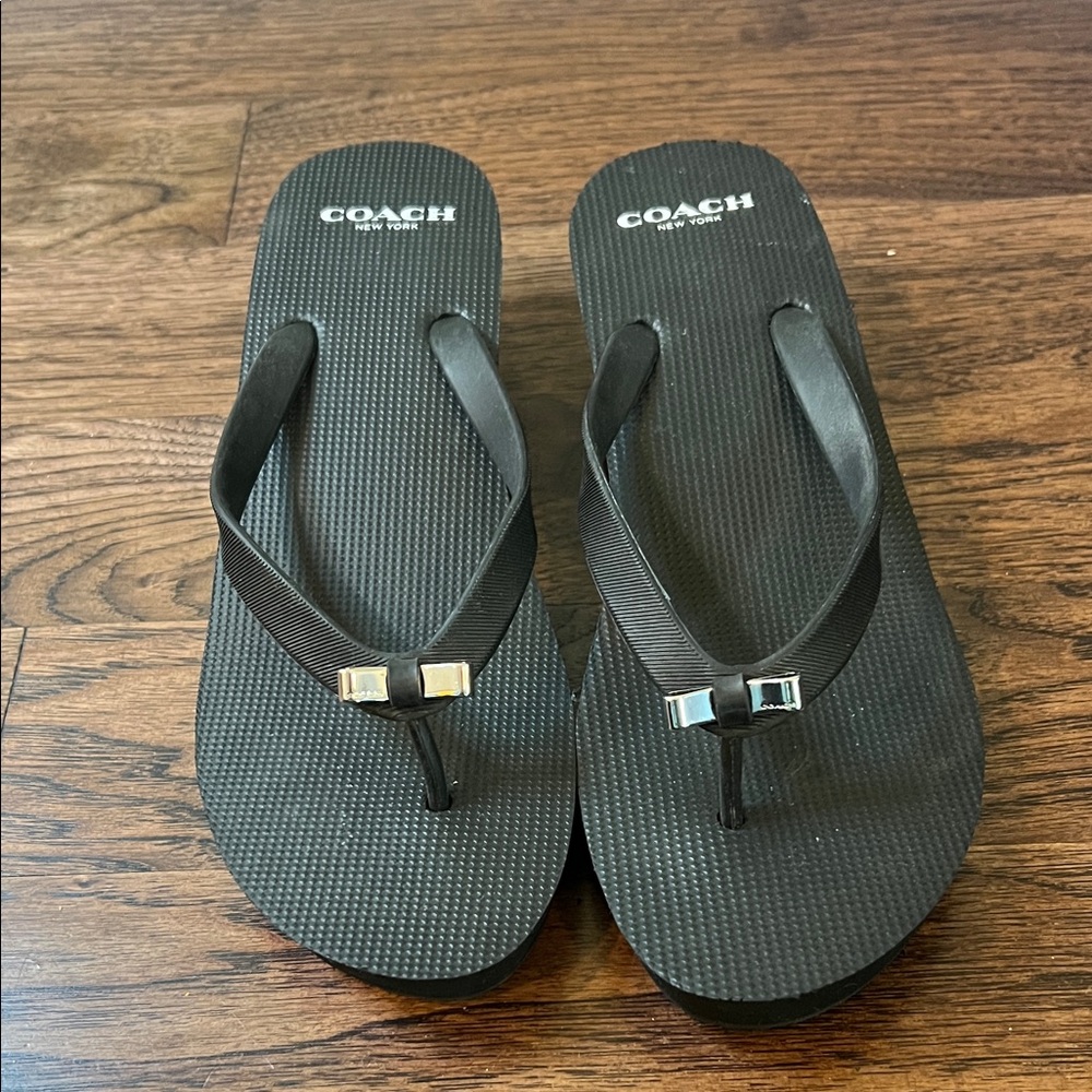 Coach Black Flip Flops with Silver Bow Accent - Picture 4 of 10